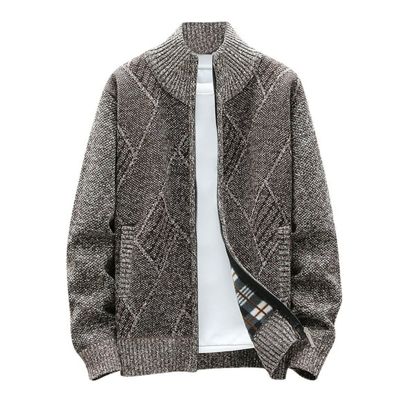 VSSSJ Men's Winter Cardigan Hoodless Sweater Plus Size Solid Color Long Sleeve Zipper Stand Collar Plush Thickened Coat Casual Warm Comfy Jacket with Pocket Coffee L
