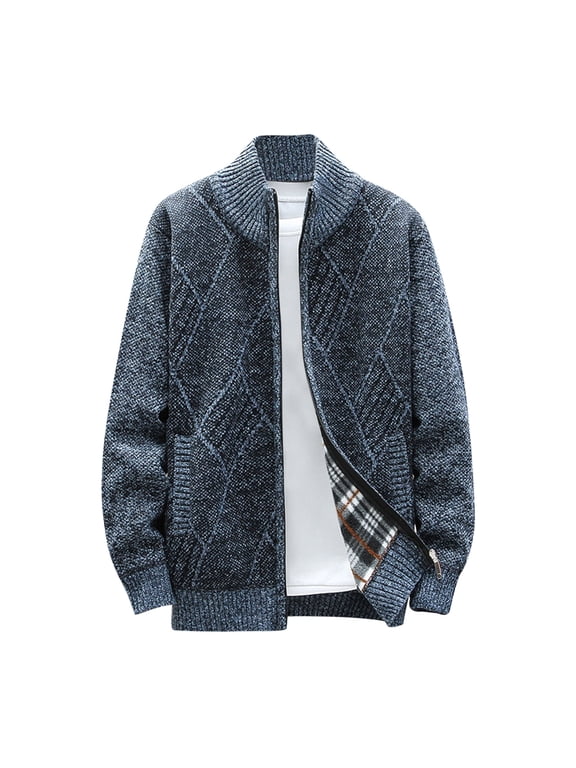 Men's Winter Cardigan Hoodless Sweater Plus Size Solid Color Long Sleeve Zipper Stand Collar Plush Thickened Coat Casual Warm Comfy Jacket with Pocket Navy L