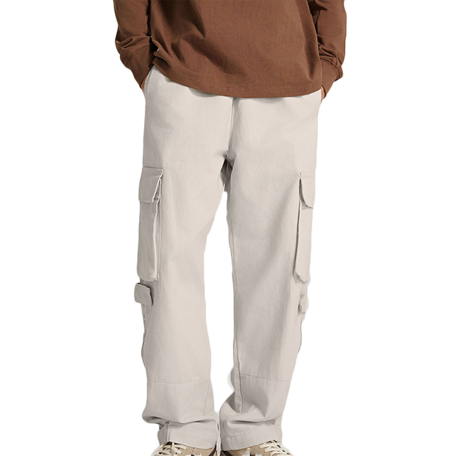 VSSSJ Men's Winter Cargo Pants Regular Fit Solid Color Elastic Waist Straight Trousers with