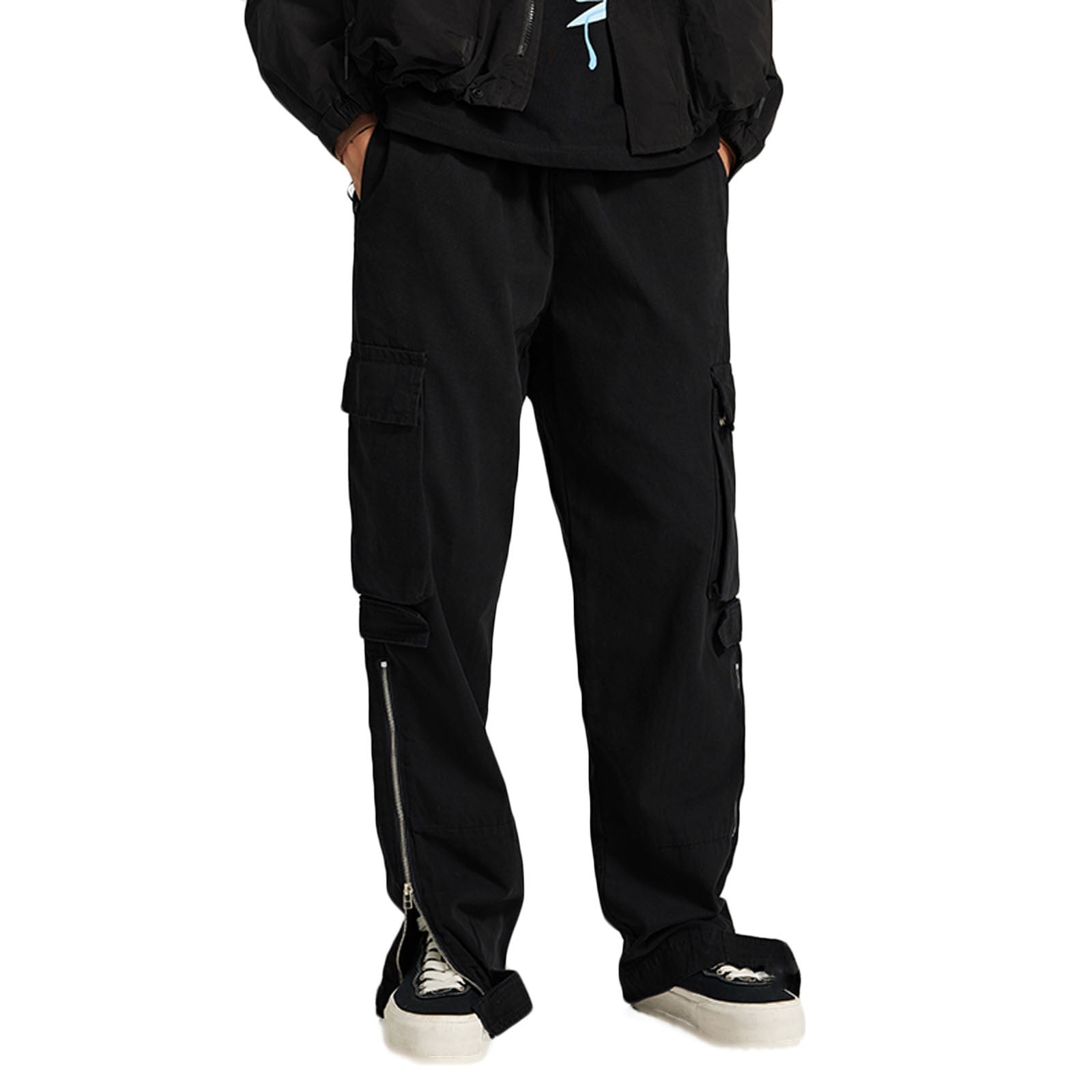 VSSSJ Men's Winter Cargo Pants Regular Fit Solid Color Elastic Waist Straight Trousers with