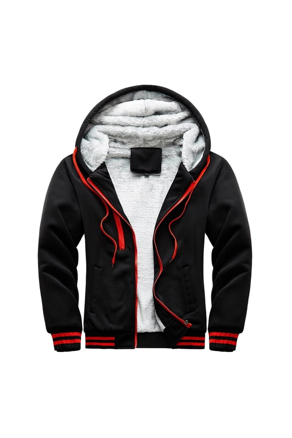 Men's Winter Coat with Hooded Fitted Solid Patchwork Long Sleeve Zip Up Jacket Comfy Warm Windproof Baseball Coats Black XXXL