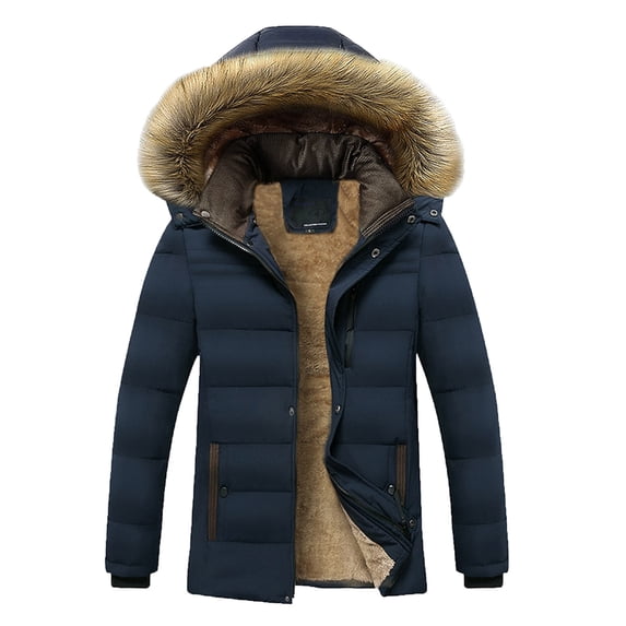 VSSSJ Men's Winter Coats Big and Tall Solid Color Button Down Long Sleeve Padded Jacket with Hooded Casual Fashion Warm Outdoor Coat Dark Blue XL