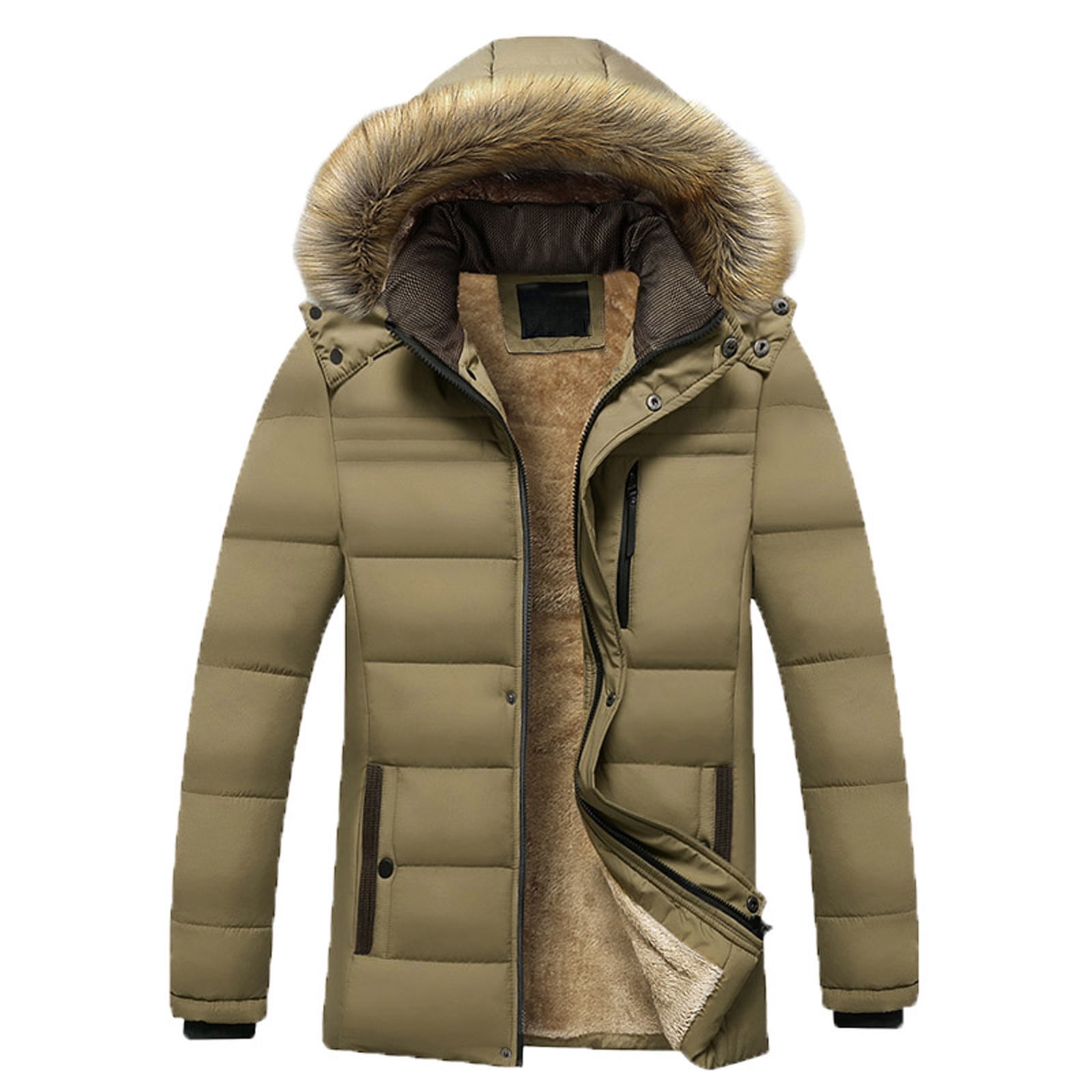 VSSSJ Men s Winter Coats Big and Tall Solid Color Button Down Long Sleeve Padded Jacket with Hooded Casual Fashion Warm Outdoor Coat Khaki XXXXL Walmart