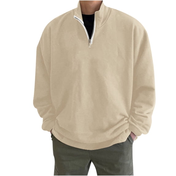 VSSSJ Men's Winter Fleece Sweatshirts Loose Solid Color Long Sleeve Half Zipper Stand Collar Pullover Shirt Trendy Warm Workout Streetwear Khaki XXL