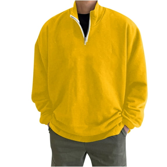 VSSSJ Men's Winter Fleece Sweatshirts Loose Solid Color Long Sleeve Half Zipper Stand Collar Pullover Shirt Trendy Warm Workout Streetwear Yellow XXXL