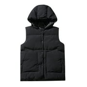 VSSSJ Men's Winter Puffer Waistcoat with Hooded Big and Tall Solid Color Sleeveless Button Down Padded Vest Casual Fashion Thermal Outdoor Vest Black L