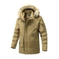 thumbnail image 1 of VSSSJ Men's Winter Thicken Coat Full Zipper Long Sleeve Cotton Casual Solid Warm Puffer Parka Jacket with Faux Fur Removable Hood Khaki L, 1 of 8