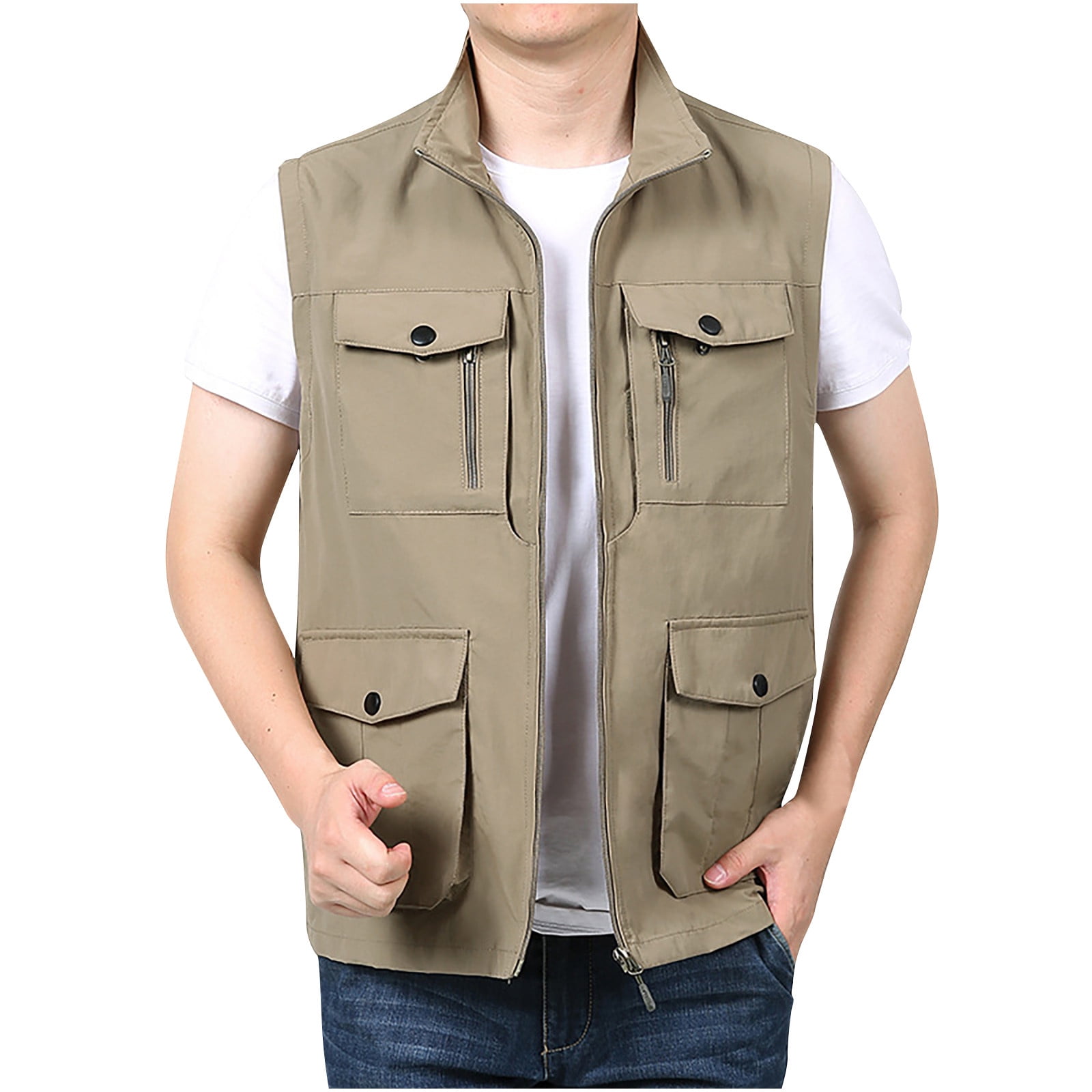 VSSSJ Men's Work Vest with Multi-Pockets Relaxed Solid Color Sleeveless ...