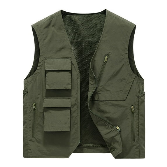 VSSSJ Men's Work Vest with Multi-Pocket Big and Tall Solid Color Zip Up V-Neck Sleeveless Jackets Casual Outdoor Sport Climbing Coats Army Green XXL
