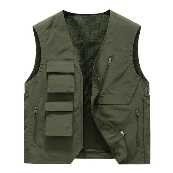 VSSSJ Men's Work Vest with Multi-Pocket Big and Tall Solid Color Zip Up V-Neck Sleeveless Jackets Casual Outdoor Sport Climbing Coats Army Green XXL