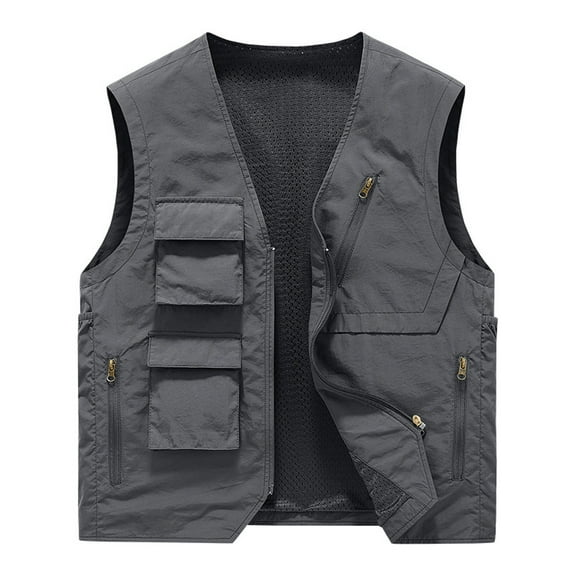 VSSSJ Men's Work Vest with Multi-Pocket Big and Tall Solid Color Zip Up V-Neck Sleeveless Jackets Casual Outdoor Sport Climbing Coats Gray XXXXL