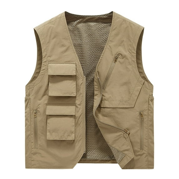 VSSSJ Men's Work Vest with Multi-Pocket Big and Tall Solid Color Zip Up V-Neck Sleeveless Jackets Casual Outdoor Sport Climbing Coats Khaki XXL