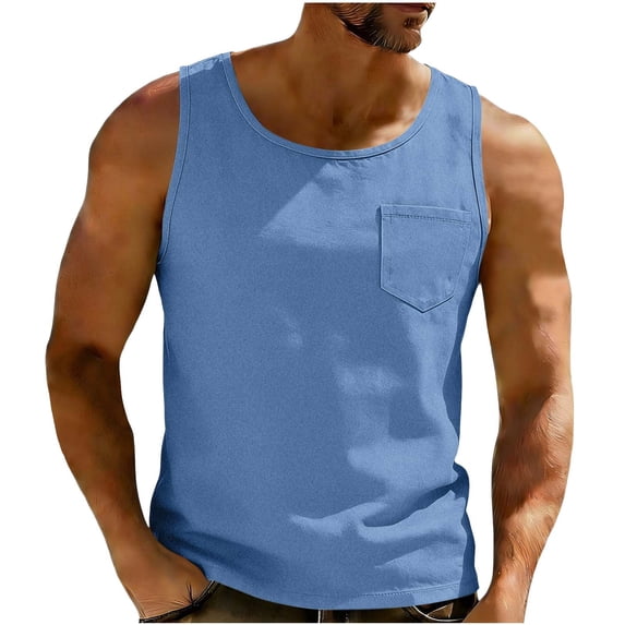 VSSSJ Men's Workout Tank Tops Casual Sleeveless Crewneck Gym Muscle Shirt Lightweight Summer Basic Washed T Shirts with Pocket Navy XL