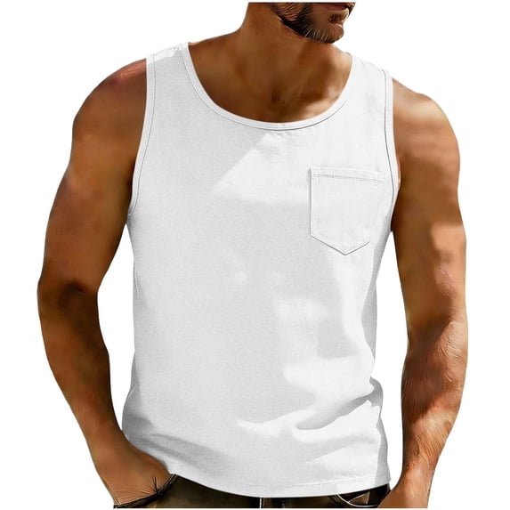 VSSSJ Men's Workout Tank Tops Casual Sleeveless Crewneck Gym Muscle Shirt Lightweight Summer Basic Washed T Shirts with Pocket White S