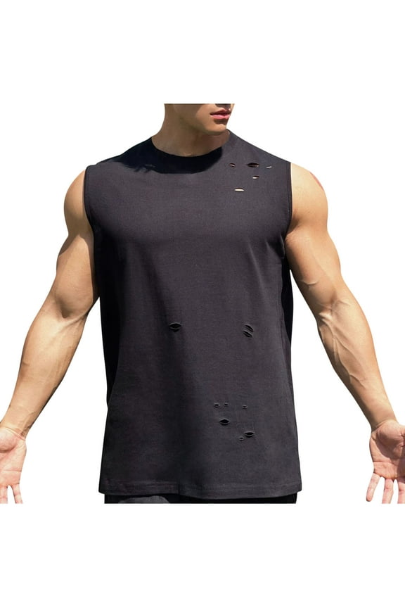 Men's Workout Tank Tops Ripped Sleeveless Crewneck Muscle Tops Shirts Loose Fit Cotton Gym Fitness Bodybuilding Tee Black M