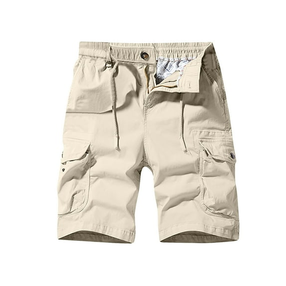 VSSSJ Men's Workwear Slim Fit Drawstring Elastic Waist Zipper Button Multi-Pockets Cargo Shorts Outdoor Work Straight Five Point Short Pants Khaki S
