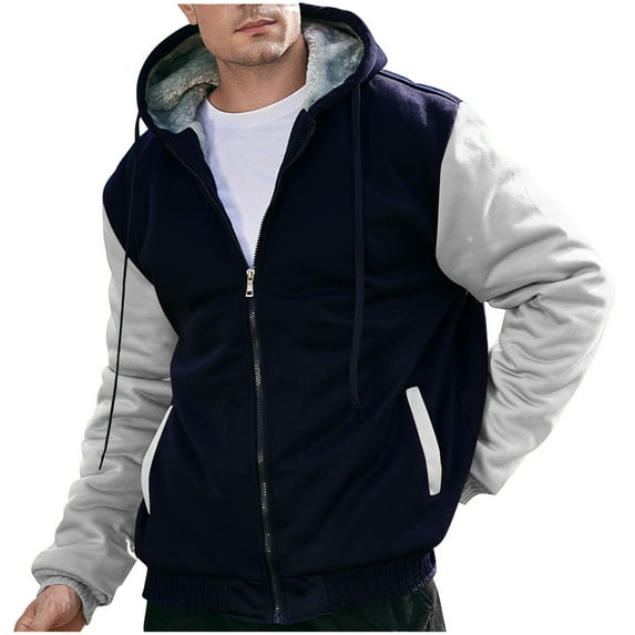 VSSSJ Men's Zip Up Hoodie Heavyweight Winter Sweatshirt Fleece Sherpa Lined Warm Jacket Color Block Hooded Thick Jacket Outwear with Pocket Navy XXXXL