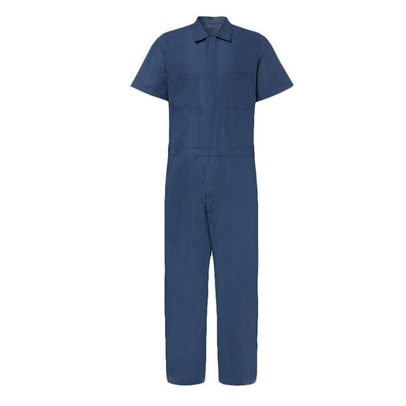 VSSSJ Men's Zipper Overalls Suits Relaxed Fit Solid Color Short Sleeve Button Collared Double Pockets Long Pants Jumpsuit Comfortable Thin Breathable Suit Blue L