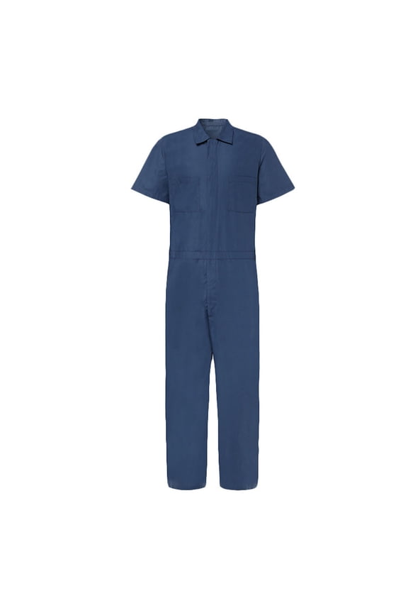 Men's Zipper Overalls Suits Relaxed Fit Solid Color Short Sleeve Button Collared Double Pockets Long Pants Jumpsuit Comfortable Thin Breathable Suit Blue XL