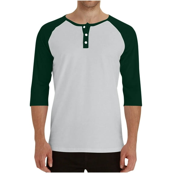VSSSJ Mens 3/4 Henley Shirt Button Up Raglan Sleeve Round Neck Shirt Stylish Color Block Loose Fit Comfortable Casual Tops for Men‌ Dark Green XXL