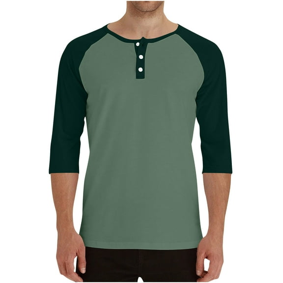 VSSSJ Mens 3/4 Henley Shirt Button Up Raglan Sleeve Round Neck Shirt Stylish Color Block Loose Fit Comfortable Casual Tops for Men‌ Green XL