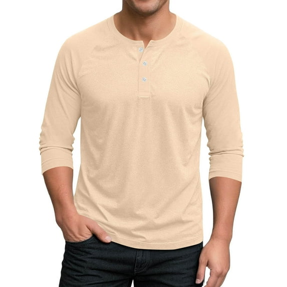 VSSSJ Mens 3/4 Sleeve Henley Shirt Button Up Solid Color Shirt Top Comfortable Breathable Round Neck Casual Stylish Pullover Shirt Khaki XL