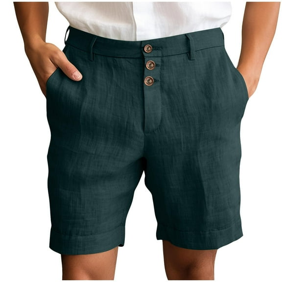 VSSSJ Mens Beach Dress Shorts Cotton Solid Color Button Fly Zipper Pocket Casual Bermuda Shorts Lounge Outdoor Comfortable Summer Short Pants Green S