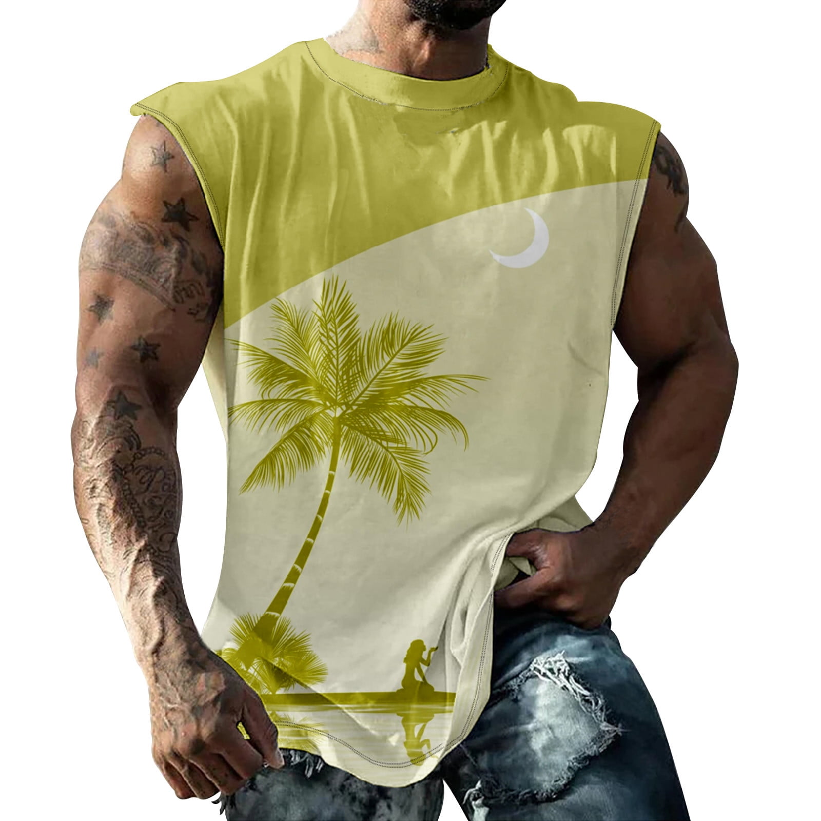VSSSJ Mens Beach Tank Tops Hawaiian Casual Comfy Palm Tree Printed Round  Neck Big And Tall Vest Dry Fit Summer Sleeveless Gym Sports Breathable  Muscle