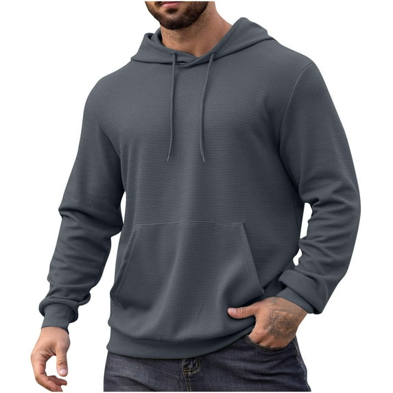 VSSSJ Mens Big And Tall Pullover Hoodie Long Sleeve Casual Drawstring Waffle Sweatshirts Baggy Solid Color Gym Hooded Pullover Sweatshirt with Pocket Gray M