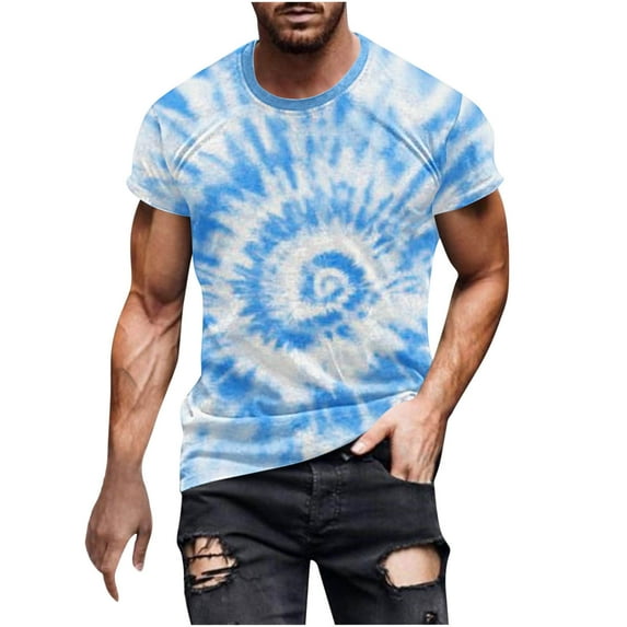 VSSSJ Mens Big and Tall T Shirts Tie Dye Print Summer Short Sleeve Hipster Shirts Muscle Fit Crew Neck Gym Fitness Workout Tees Tops Blue XL