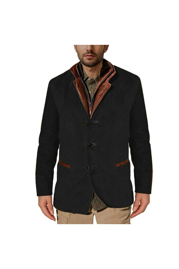 Mens Blazer Jacket Faux Suede Suit Jacket Casual Buttons Distressed Notch Lapel Buttons Sport Coat Vintage Work Jacket with Pockets Black XXXL