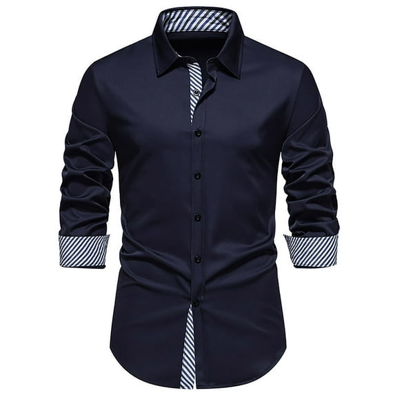 VSSSJ Mens Business Dress Shirts Long Sleeve Casual Button Down Shirt Regular Fit Striped Collar Contrast Wedding Formal Shirt Navy XL
