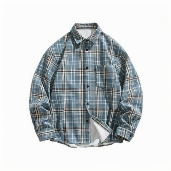 VSSSJ Mens Button Down Plaid Shirts Regular Fit Long Sleeve Fleece Lined Shirt Loose Vintage Turndown Collar Comfy Flannel Shirt Jackets Blue L