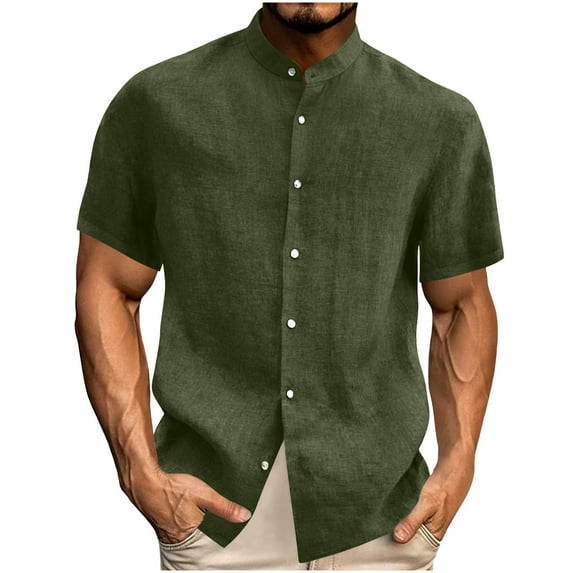 VSSSJ Mens Button Down Shirt Cotton Linen Short Sleeve Shirts Loose Fit Casual Solid Summer Banded Collar Beach Vacation Shirt Tops Army Green L