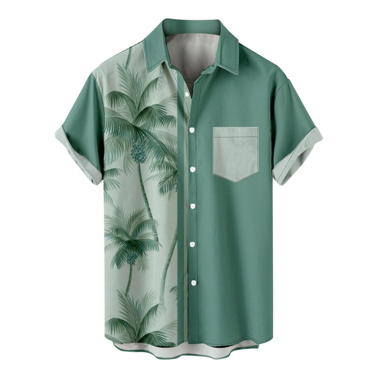 VSSSJ Mens Button Down Shirts Plus Size Hawaiian Color Block Patchwork  Tropical Palm Tree Print Short Sleeve Pocket Tees Fashion Summer Collared