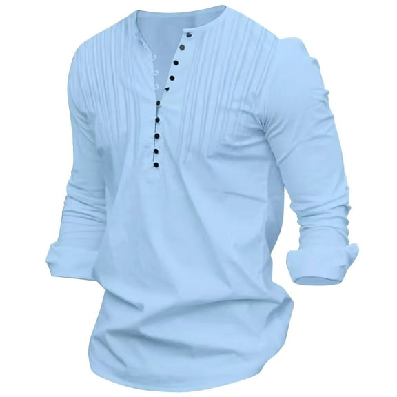 VSSSJ Mens Button Up Shirts Casual Ruched Round Neck Slim Fit Vintage Long Sleeve Comfortable Lightweight Shirt Tops Retro Trendy Outfit Blue XL