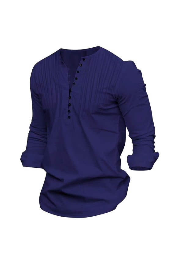 Mens Button Up Shirts Casual Ruched Round Neck Slim Fit Vintage Long Sleeve Comfortable Lightweight Shirt Tops Retro Trendy Outfit Navy XL