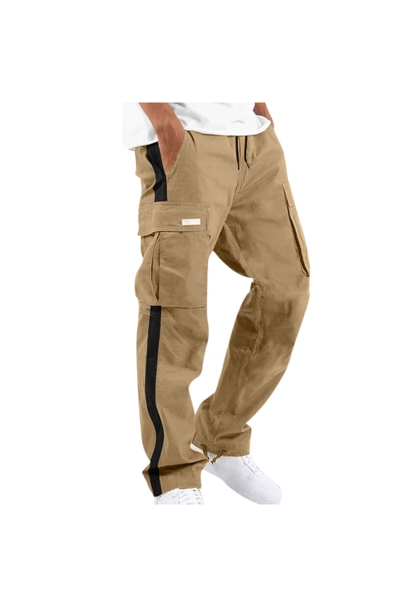 Mens Cargo Pants Plus Size Solid Patchwork Drawstring Elastic Waist Straight Multi-Pockets Trousers Casual Outdoor Workout Long Pants Khaki M