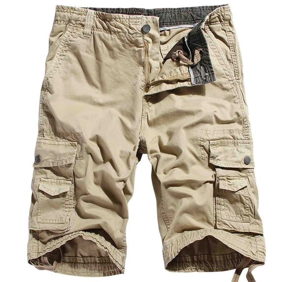 VSSSJ Mens Cargo Short Pants Slim Fit Multi-Pockets Zipper Button Solid Color Five Point Shorts Casual Elastic Waist Straight Workwear Khaki XL