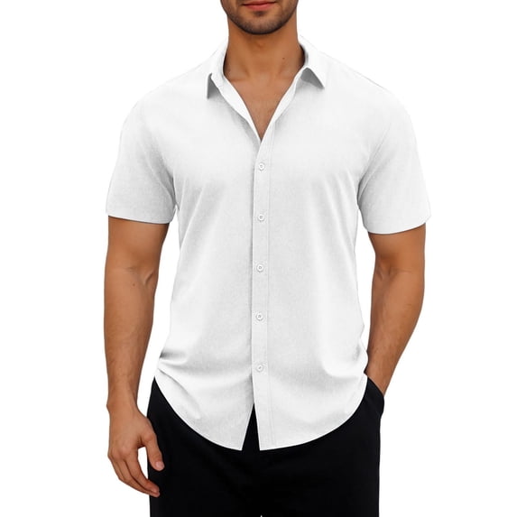VSSSJ Mens Casual Beach Shirts Short Sleeve Button Down Shirt Lightweight Comfy Lapel Solid Summer Vacation Shirts White L