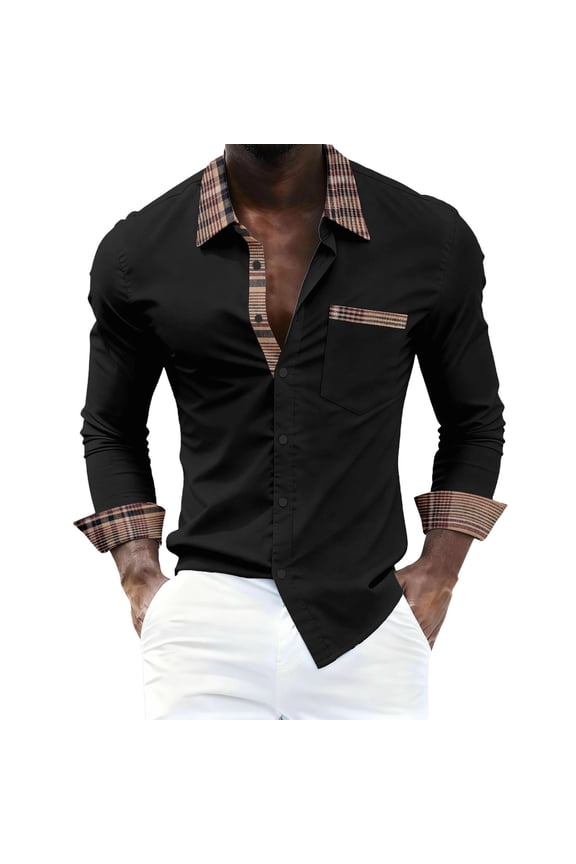 Mens Casual Long Sleeve Dress Shirt Plaid Splice Collar Button Down Shirts Slim Fit Pocket Fashion Business Work Office Shirt Black M