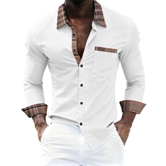 VSSSJ Mens Casual Long Sleeve Dress Shirt Plaid Splice Collar Button Down Shirts Slim Fit Pocket Fashion Business Work Office Shirt White S