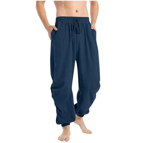 VSSSJ Mens Casual Pants With Pockets Elastic Waist Drawstring Ankle Cuff Beach Trousers Comfortable Loose Fit Running Workout Lounge Pants Navy L