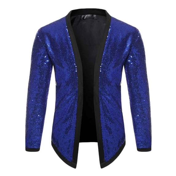 VSSSJ Mens Casual Sequin Jackets Plus Size Shiny Solid Color Long Sleeve Stand Collar Cardigan Blouse Leisure Stylish Disco Dance Jacket Blue XXL