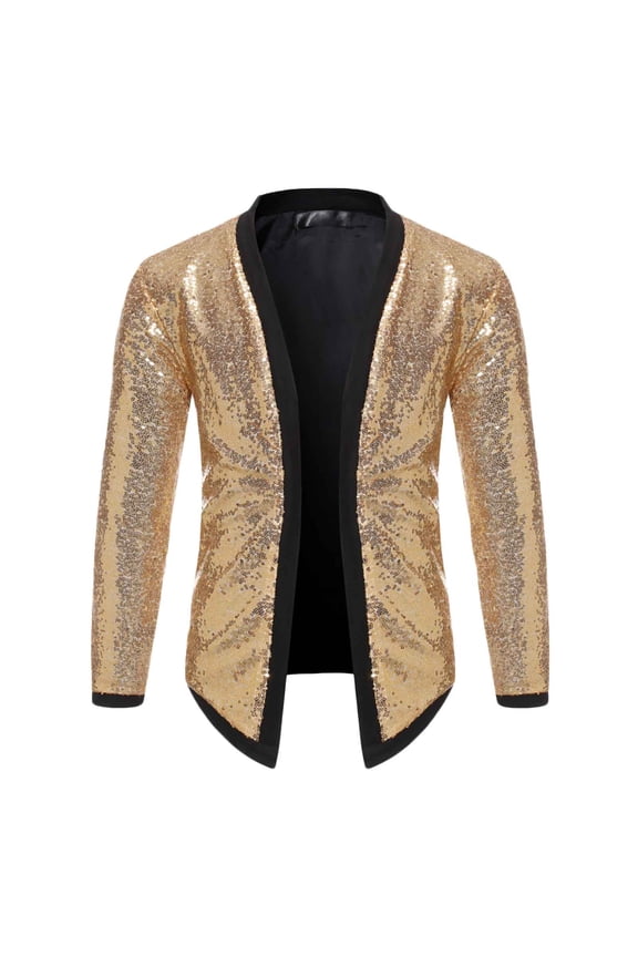 Mens Casual Sequin Jackets Plus Size Shiny Solid Color Long Sleeve Stand Collar Cardigan Blouse Leisure Stylish Disco Dance Jacket Gold S