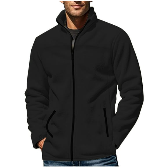 VSSSJ Mens Casual Sherpa Jackets Fuzzy Fleece Zip Up Stand Collar Long Sleeve Coats Soft Warm Fall Winter Jacket with Zipper Pockets Black XXL