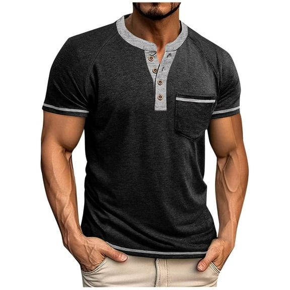 VSSSJ Mens Casual Short Sleeve Henley Shirts Button Up Round Neck Raglan Muscle Fitness Workout T Shirts with Pocket Black S