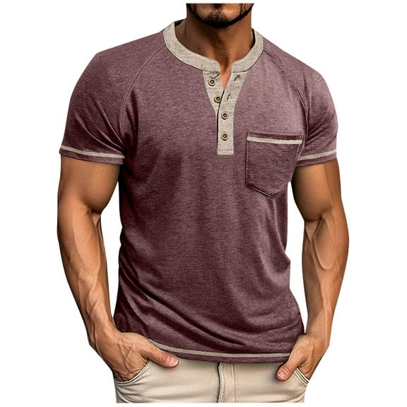 VSSSJ Mens Casual Short Sleeve Henley Shirts Button Up Round Neck Raglan Muscle Fitness Workout T Shirts with Pocket Wine XXXL