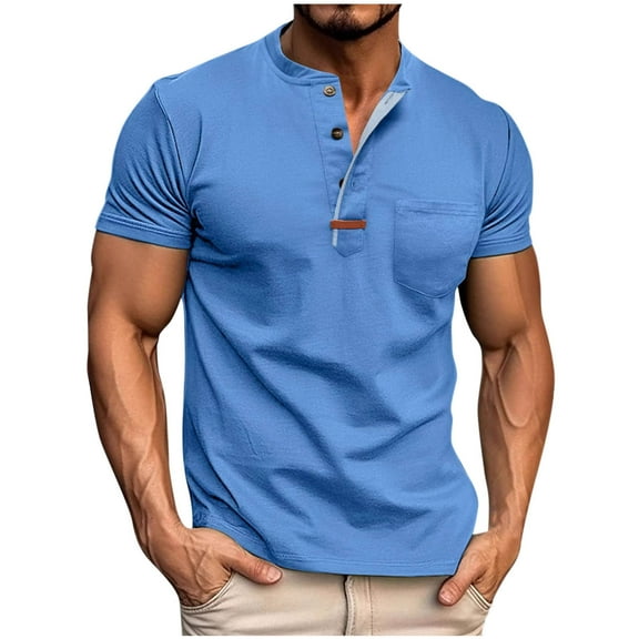 VSSSJ Mens Casual Short Sleeve Henley Shirts Fashion Button Slim Fit Crewneck Vintage Muscle Workout T Shirts with Pocket Sky Blue S