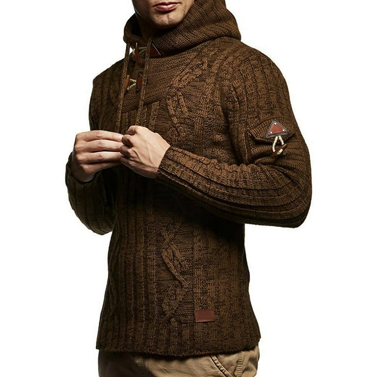 VSSSJ Mens Color Block Patchwork Sweater Slim Fit Long Sleeve High Collar Knitted Hoodies Trendy Autumn and Winter Pullover Sweaters Coffee XL